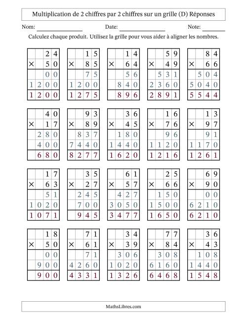 Multiplication de 2 chiffres par 2 chiffres avec l'aide d'une grille sans retenue (D) page 2