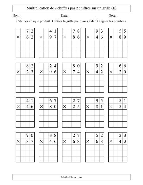 Multiplication de 2 chiffres par 2 chiffres avec l'aide d'une grille sans retenue (E)