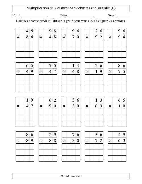 Multiplication de 2 chiffres par 2 chiffres avec l'aide d'une grille sans retenue (F)