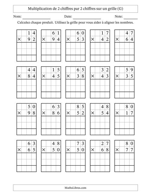 Multiplication de 2 chiffres par 2 chiffres avec l'aide d'une grille sans retenue (G)