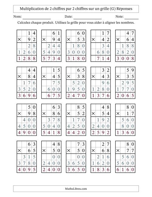 Multiplication de 2 chiffres par 2 chiffres avec l'aide d'une grille sans retenue (G) page 2