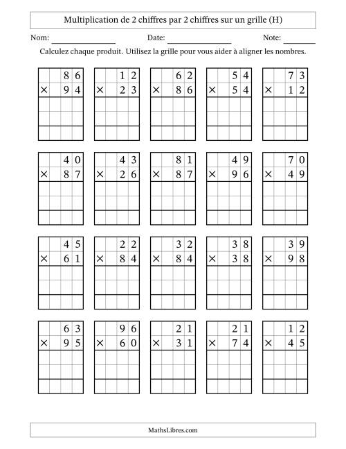 Multiplication de 2 chiffres par 2 chiffres avec l'aide d'une grille sans retenue (H)