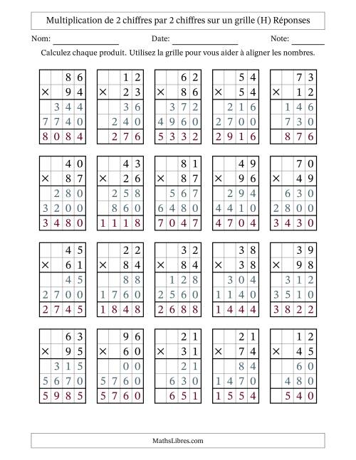 Multiplication de 2 chiffres par 2 chiffres avec l'aide d'une grille sans retenue (H) page 2