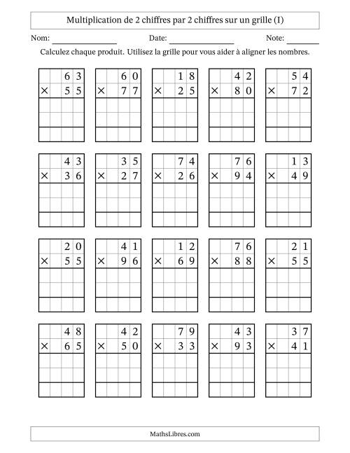 Multiplication de 2 chiffres par 2 chiffres avec l'aide d'une grille sans retenue (I)