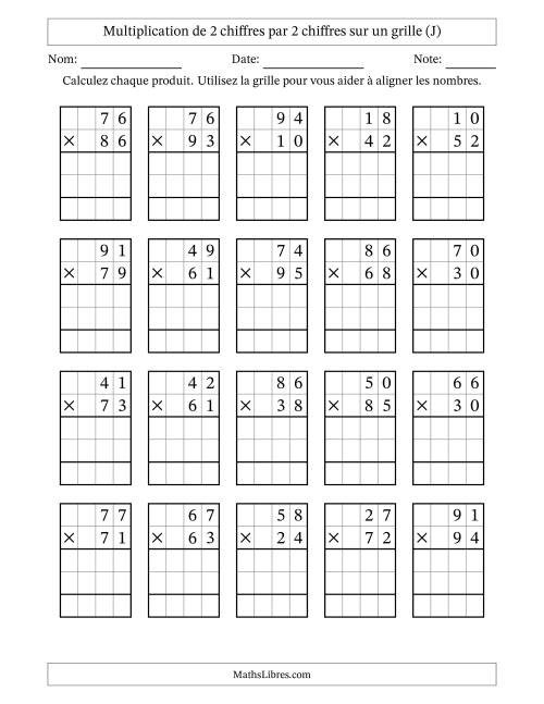 Multiplication de 2 chiffres par 2 chiffres avec l'aide d'une grille sans retenue (J)