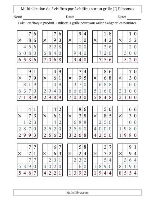 Multiplication de 2 chiffres par 2 chiffres avec l'aide d'une grille sans retenue (J) page 2