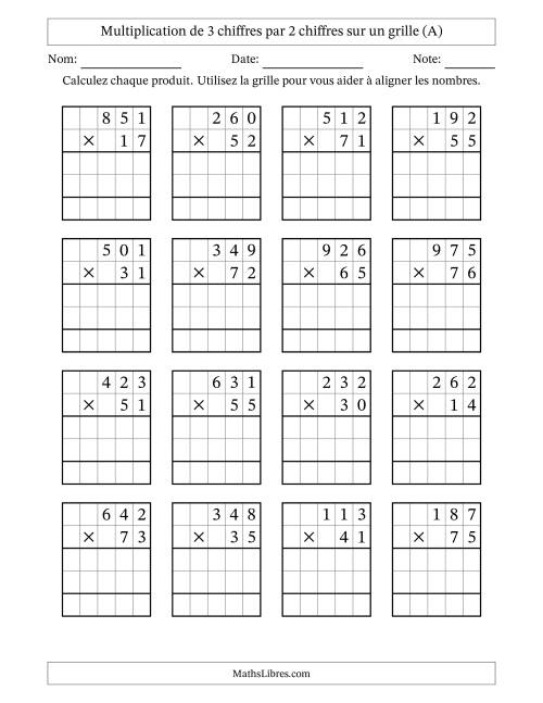 Multiplication de 3 chiffres par 2 chiffres avec l'aide d'une grille sans retenue (A)