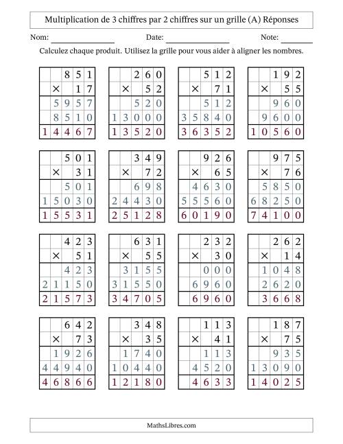 Multiplication de 3 chiffres par 2 chiffres avec l'aide d'une grille sans retenue (A) page 2