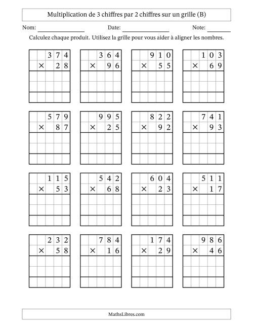 Multiplication de 3 chiffres par 2 chiffres avec l'aide d'une grille sans retenue (B)