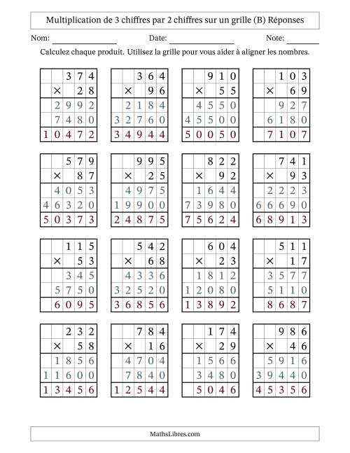 Multiplication de 3 chiffres par 2 chiffres avec l'aide d'une grille sans retenue (B) page 2