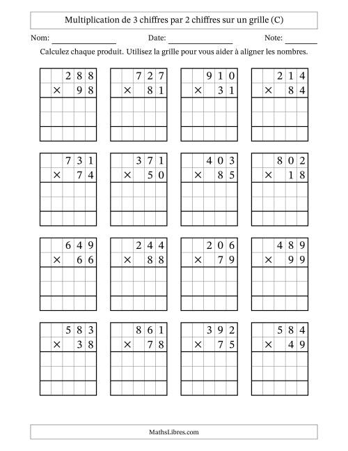 Multiplication de 3 chiffres par 2 chiffres avec l'aide d'une grille sans retenue (C)