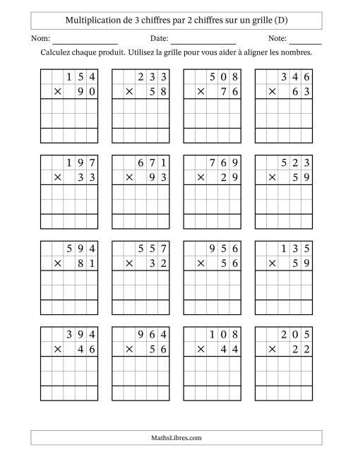 Multiplication de 3 chiffres par 2 chiffres avec l'aide d'une grille sans retenue (D)