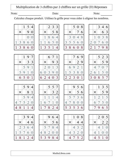 Multiplication de 3 chiffres par 2 chiffres avec l'aide d'une grille sans retenue (D) page 2