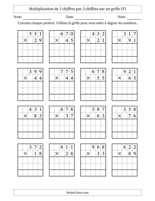 Multiplication de 3 chiffres par 2 chiffres avec l'aide d'une grille sans retenue (F)