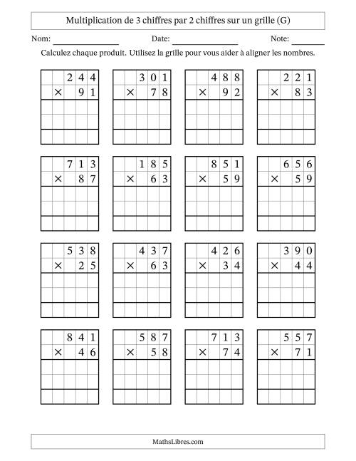 Multiplication de 3 chiffres par 2 chiffres avec l'aide d'une grille sans retenue (G)