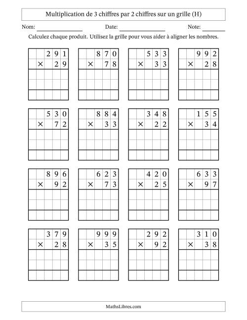 Multiplication de 3 chiffres par 2 chiffres avec l'aide d'une grille sans retenue (H)