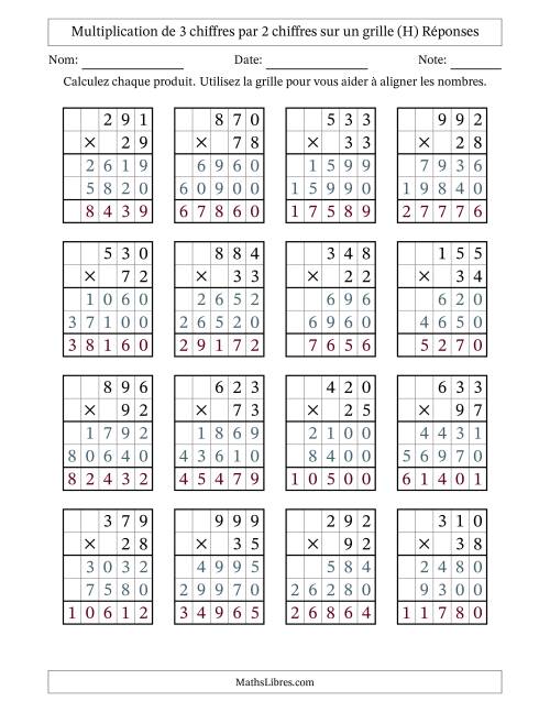 Multiplication de 3 chiffres par 2 chiffres avec l'aide d'une grille sans retenue (H) page 2