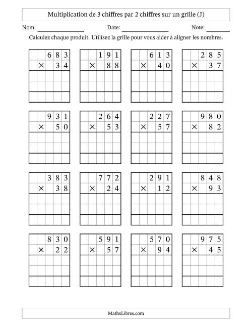 Multiplication de 3 chiffres par 2 chiffres avec l'aide d'une grille sans retenue (J)