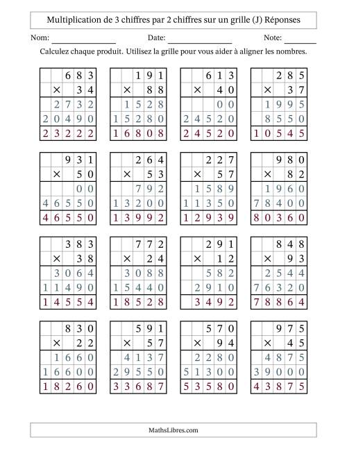 Multiplication de 3 chiffres par 2 chiffres avec l'aide d'une grille sans retenue (J) page 2