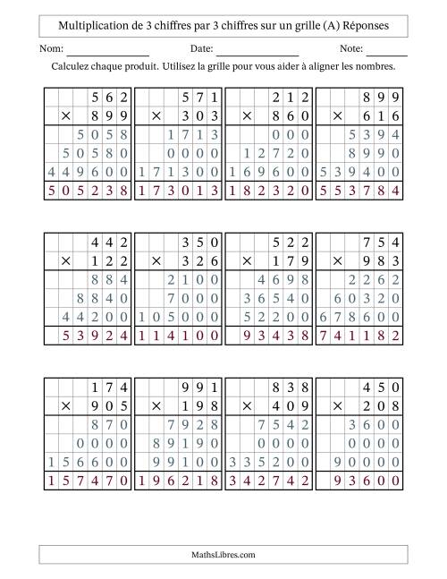 Multiplication de 3 chiffres par 3 chiffres avec l'aide d'une grille sans retenue (A) page 2