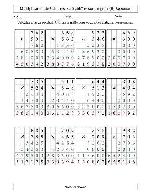 Multiplication de 3 chiffres par 3 chiffres avec l'aide d'une grille sans retenue (B) page 2