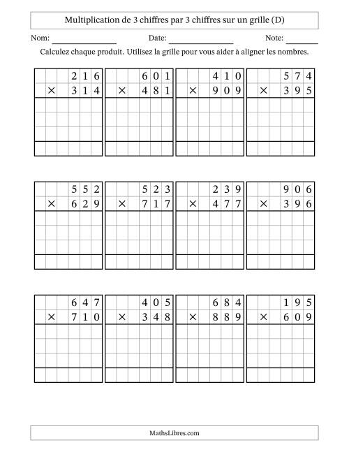 Multiplication de 3 chiffres par 3 chiffres avec l'aide d'une grille sans retenue (D)