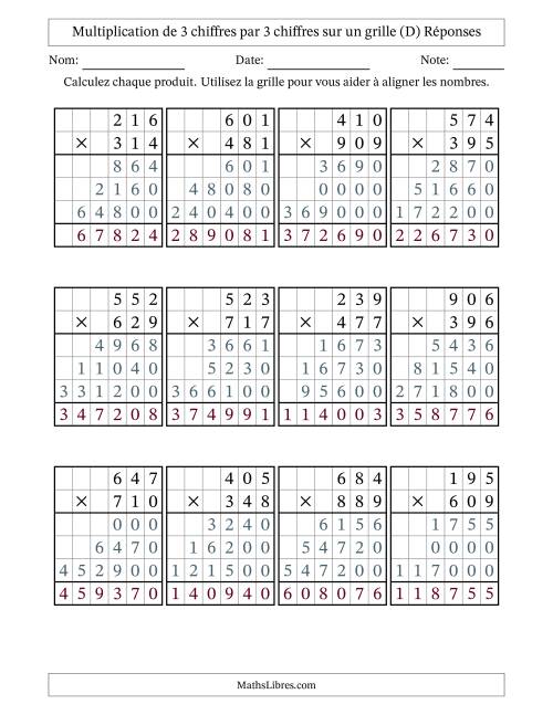 Multiplication de 3 chiffres par 3 chiffres avec l'aide d'une grille sans retenue (D) page 2