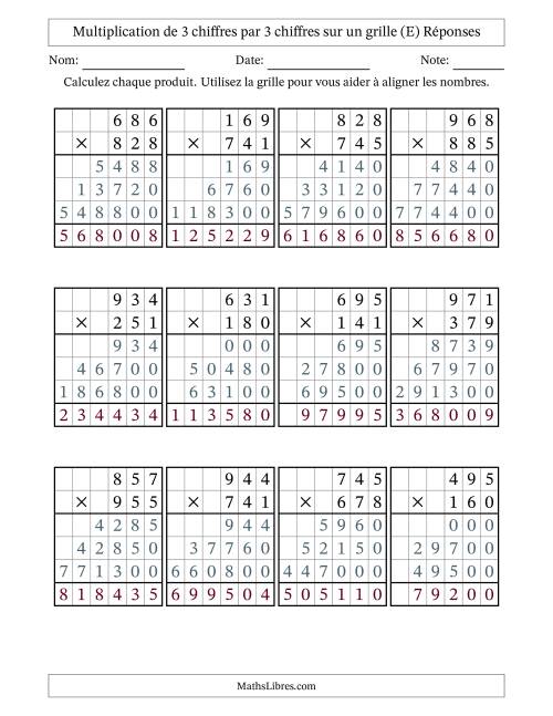 Multiplication de 3 chiffres par 3 chiffres avec l'aide d'une grille sans retenue (E) page 2