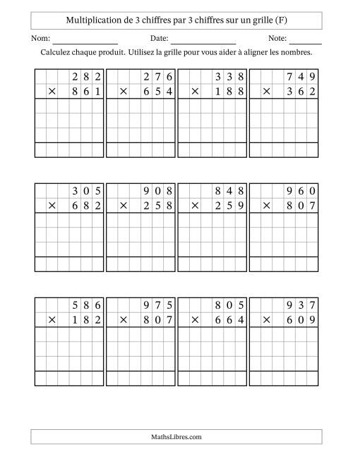 Multiplication de 3 chiffres par 3 chiffres avec l'aide d'une grille sans retenue (F)