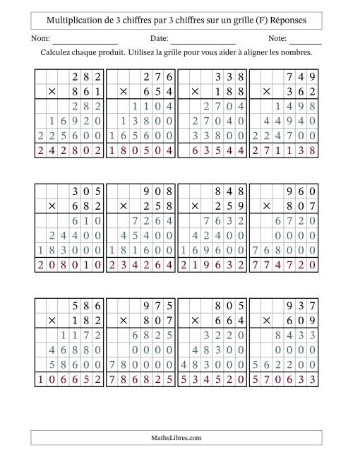 Multiplication de 3 chiffres par 3 chiffres avec l'aide d'une grille sans retenue (F) page 2