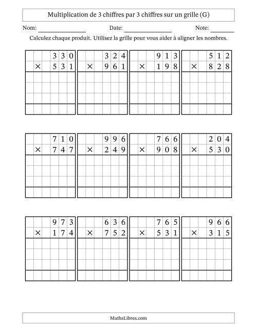 Multiplication de 3 chiffres par 3 chiffres avec l'aide d'une grille sans retenue (G)