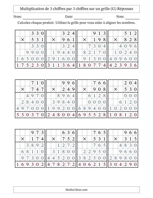 Multiplication de 3 chiffres par 3 chiffres avec l'aide d'une grille sans retenue (G) page 2