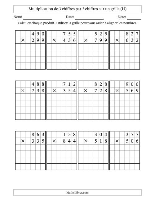 Multiplication de 3 chiffres par 3 chiffres avec l'aide d'une grille sans retenue (H)