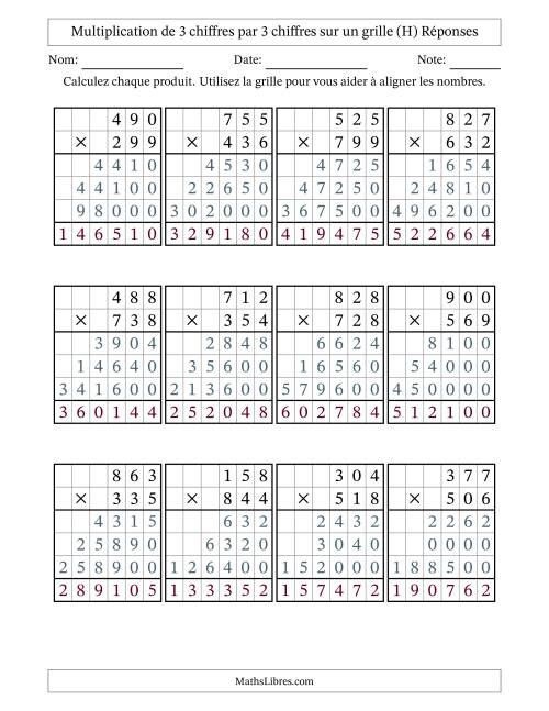 Multiplication de 3 chiffres par 3 chiffres avec l'aide d'une grille sans retenue (H) page 2