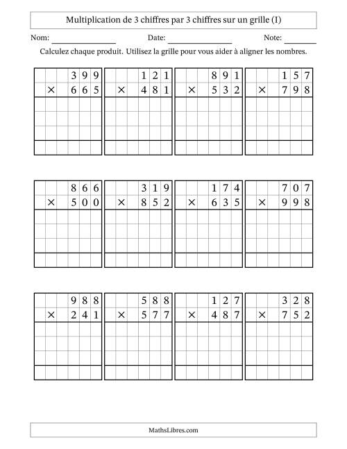 Multiplication de 3 chiffres par 3 chiffres avec l'aide d'une grille sans retenue (I)