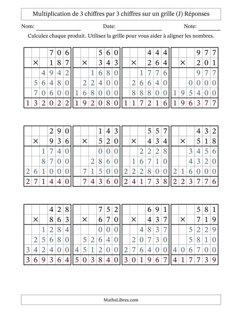 Multiplication de 3 chiffres par 3 chiffres avec l'aide d'une grille sans retenue (J) page 2