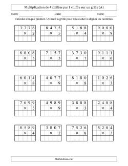 Multiplication de 4 chiffres par 1 chiffre avec l'aide d'une grille sans retenue