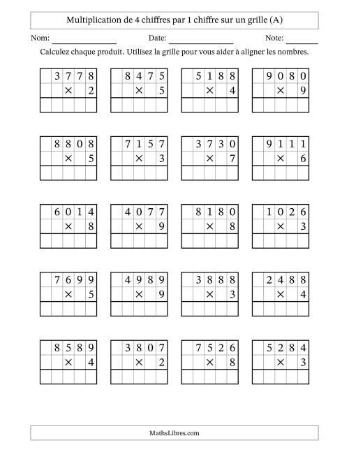 Multiplication de 4 chiffres par 1 chiffre avec l'aide d'une grille sans retenue (A)