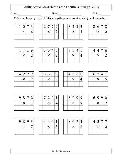 Multiplication de 4 chiffres par 1 chiffre avec l'aide d'une grille sans retenue (B)