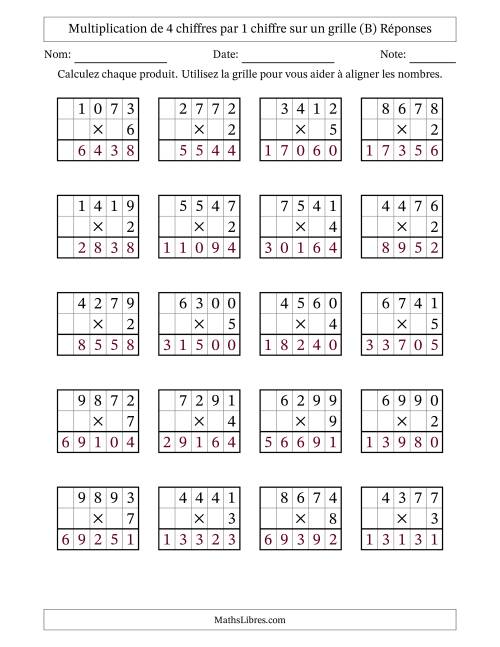 Multiplication de 4 chiffres par 1 chiffre avec l'aide d'une grille sans retenue (B) page 2