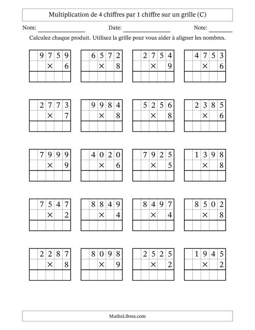 Multiplication de 4 chiffres par 1 chiffre avec l'aide d'une grille sans retenue (C)