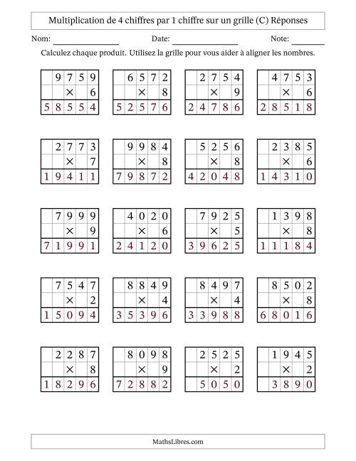 Multiplication de 4 chiffres par 1 chiffre avec l'aide d'une grille sans retenue (C) page 2