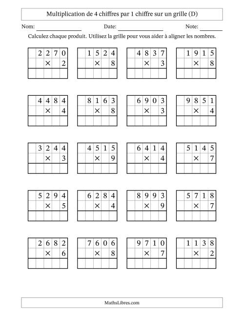 Multiplication de 4 chiffres par 1 chiffre avec l'aide d'une grille sans retenue (D)