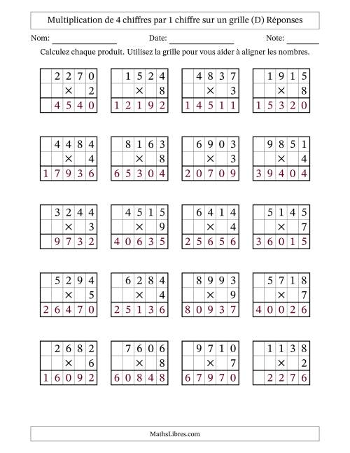 Multiplication de 4 chiffres par 1 chiffre avec l'aide d'une grille sans retenue (D) page 2