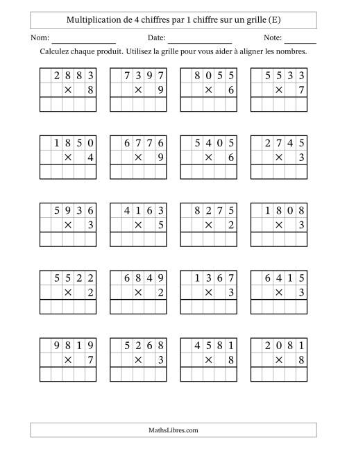 Multiplication de 4 chiffres par 1 chiffre avec l'aide d'une grille sans retenue (E)