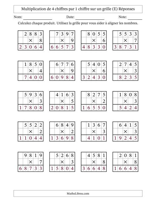 Multiplication de 4 chiffres par 1 chiffre avec l'aide d'une grille sans retenue (E) page 2