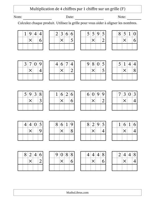 Multiplication de 4 chiffres par 1 chiffre avec l'aide d'une grille sans retenue (F)