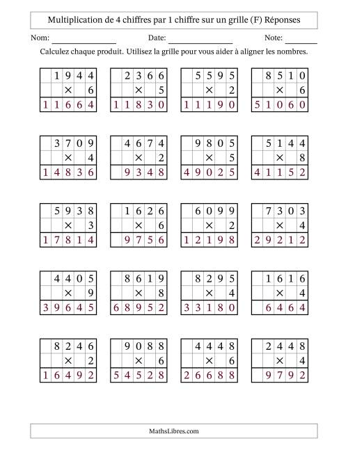 Multiplication de 4 chiffres par 1 chiffre avec l'aide d'une grille sans retenue (F) page 2