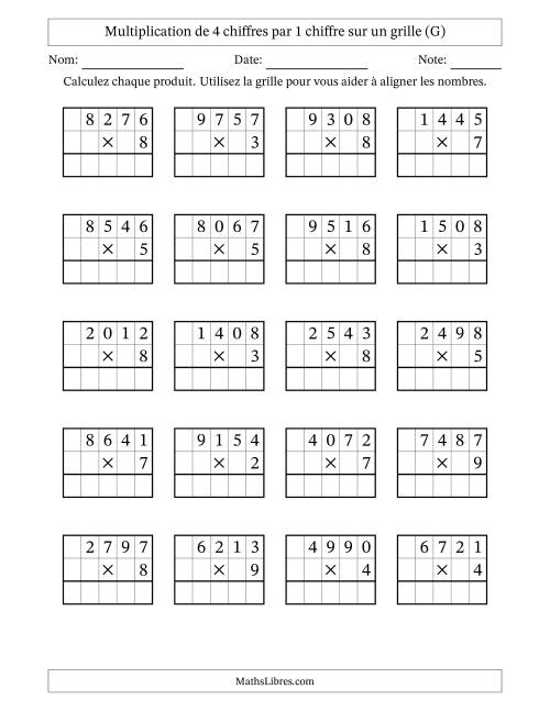 Multiplication de 4 chiffres par 1 chiffre avec l'aide d'une grille sans retenue (G)