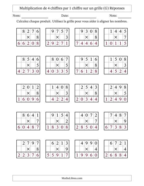 Multiplication de 4 chiffres par 1 chiffre avec l'aide d'une grille sans retenue (G) page 2